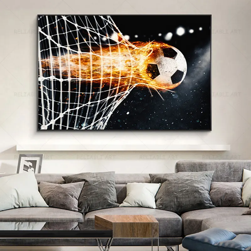 

Modern Canvas Painting Wall Art Fiery Soccer Football Makes a Goal Sports Realism Scenic Urban for Boys Room Living Room Decor