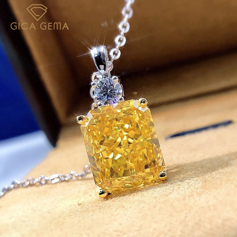 

GICA GEMA 100% 925 Sterling Silver Sparkling 10*12mm Ice Cut Yellow High Carbon Diamoind Neckalce For Women Party Fine Jewelry