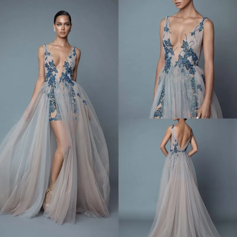 

2020 Evening Dresses Sexy V Neck Backless Lace Appliques Sequin Special Occasion Gowns Open Back A Line Sweep Train Prom Dress