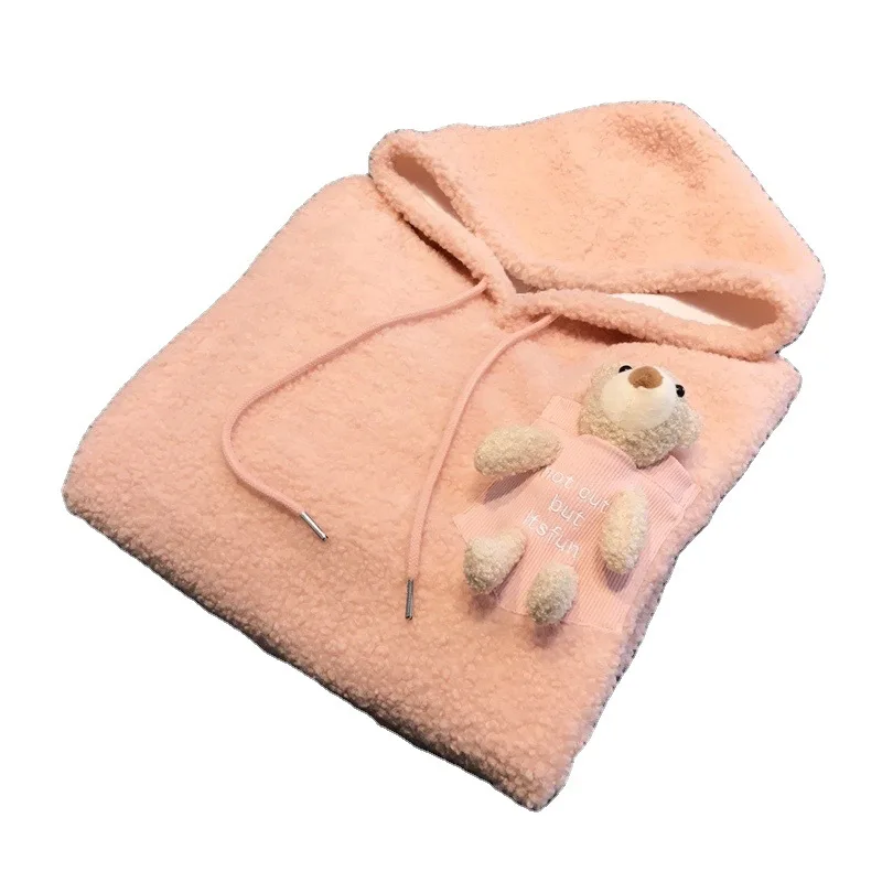 

Fall and winter versatile age reduction lazy wind academy Pink Hoodie style embroidery cute pocket bear lamb cashmere Hoodie