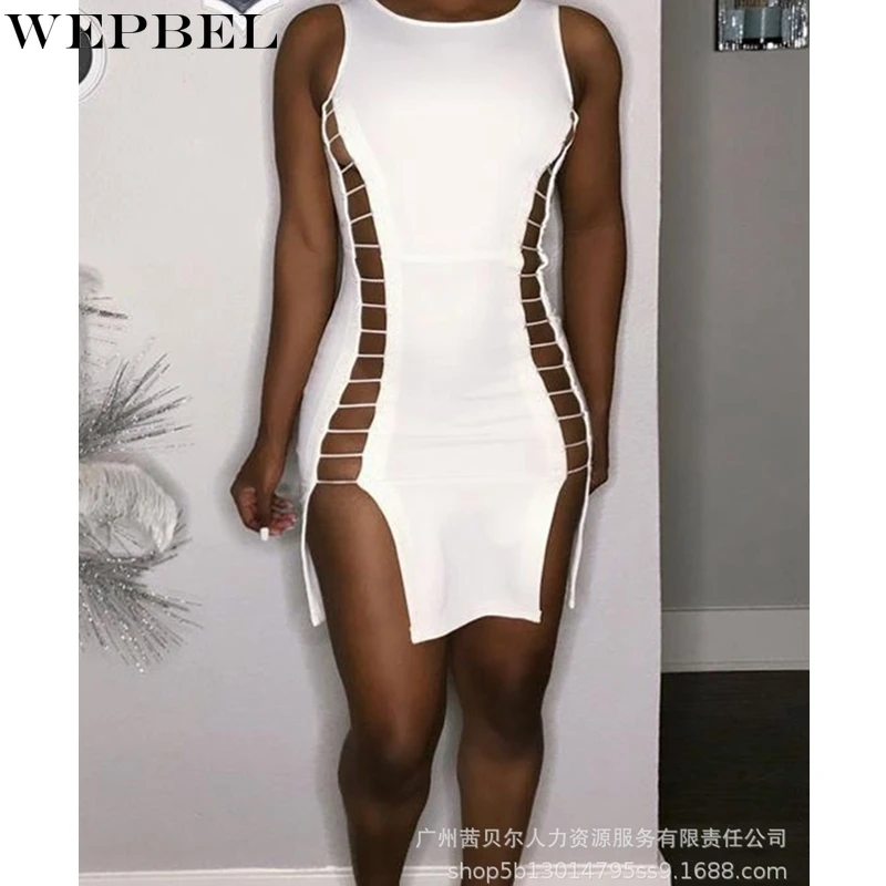 

WEPBEL Sexy Sleeveless Dress Women's Casual Solid Hollow Out Split Dress Autumn O-Neck Slim Fit Irregular Dress