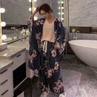 2020 Summer New Ladies 4Pcs Pajamas Set Floral Printed Loose Thin Cotton Satin Sleepwear Women Spring Homewear Casual Wear