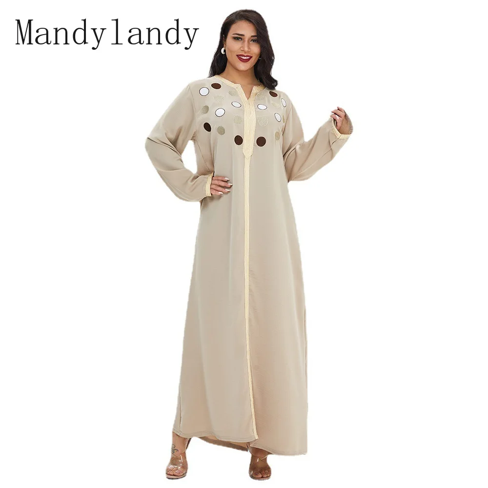 

Mandylandy Muslim Robe Spring and Autumn Fashion Long Sleeve O-Neck Robe Dubai Women's Casual Embroidery Polka Dot Loose Dress