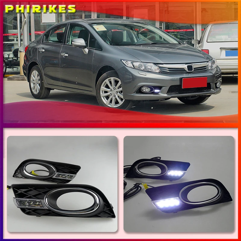 2Pcs Car-styling LED 12V DRL Car Daylight Daytime Running Lights with Turn Signal Fog Lamp Covers For Honda Civic 2011 2012 2013