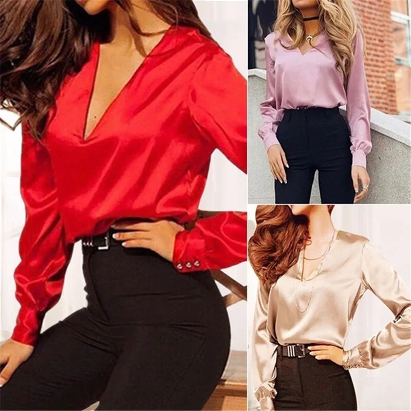 

2021 Fashion Pink Red Satin Silk Blouse Women Ladies Casual Long Sleeve Vintage V Neck Street Silk Satin Blouses Shirts