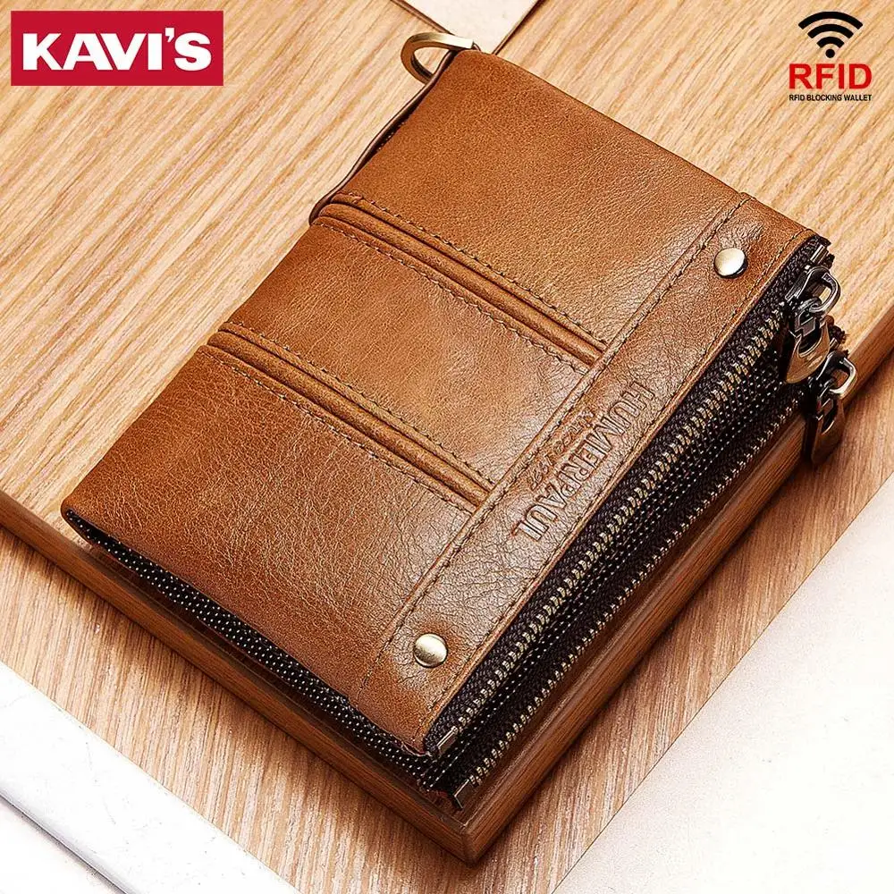 

KAVIS 100% Genuine Leather Men Wallet RFID Coin Purse New Small Mini Card Holder Chain PORTFOLIO Portomonee Male Walet Pocket
