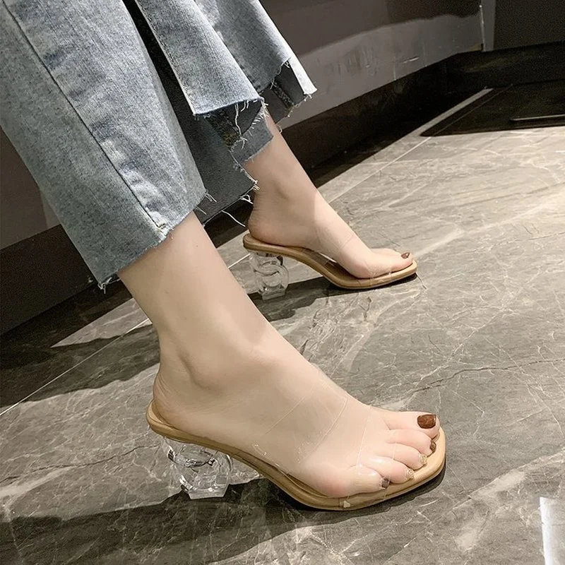 

2021 PVC Summer Women's Pumps High Heel Sandals Fashion Solid Color Square Toe Outdoor Shoes Plus Size 35-43 Gladiator