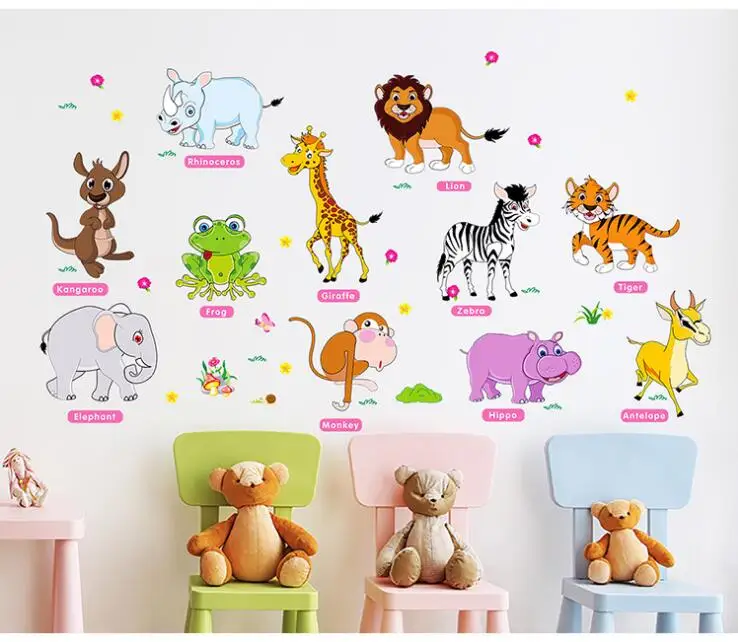 

Cartoon animal Forest park wall stickers For kids room wardrobe DIY decorative mural hippo frog zebra lion removable Art sticker