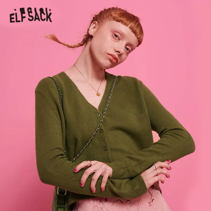 ELFSACK зеленый однотонный короткий Стильный женский кардиган 2019 осень длинный