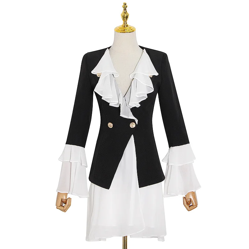 

New fashion stars with black and white stitching contrast retro court horn sleeve suit dress