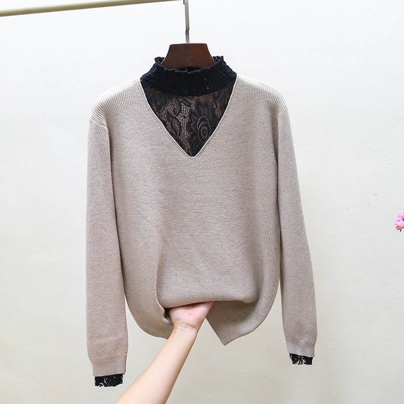 

Lace Patchwork Half Turtleneck Thick Sweater Women 2020 Autumn And Winter Knitted Pullover Modis Basic Tops