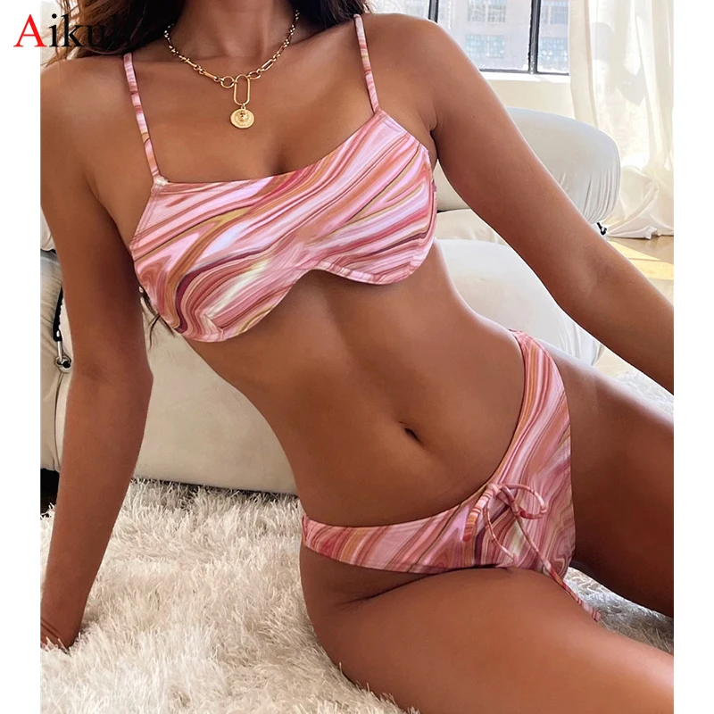 

2021 Bikinis Swimsuit Women Sexy Underwire Bra Ripple Quicksand Swimwear Push up Bikini Set Summer Female Swimming Bathing Suit