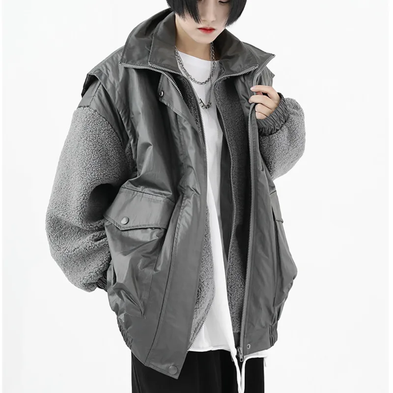 

XUXI 2021 Winter Lambswool Short Cotton Clothes Women Loose Vest AND Zipper Splicing Cardigan Coat Two-piece Suit E4517