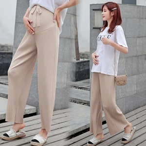 619# Summer Thin Wide Leg Loose Straight Maternity Pants Adjustable Belly Pants Clothes for Pregnant