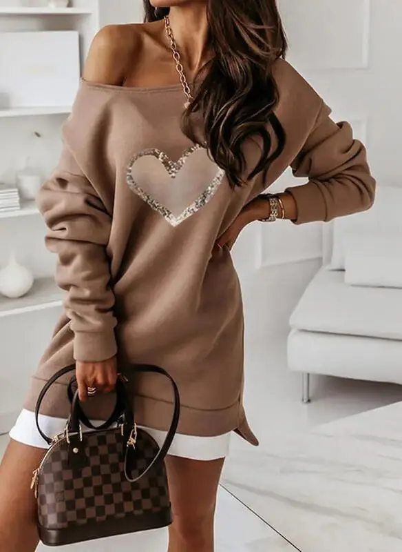 

Fashion Women Ladies Heart Sequins Long Sleeve Loose Dress Summer O-Neck Casual Dresses Clothing Sequined Casual