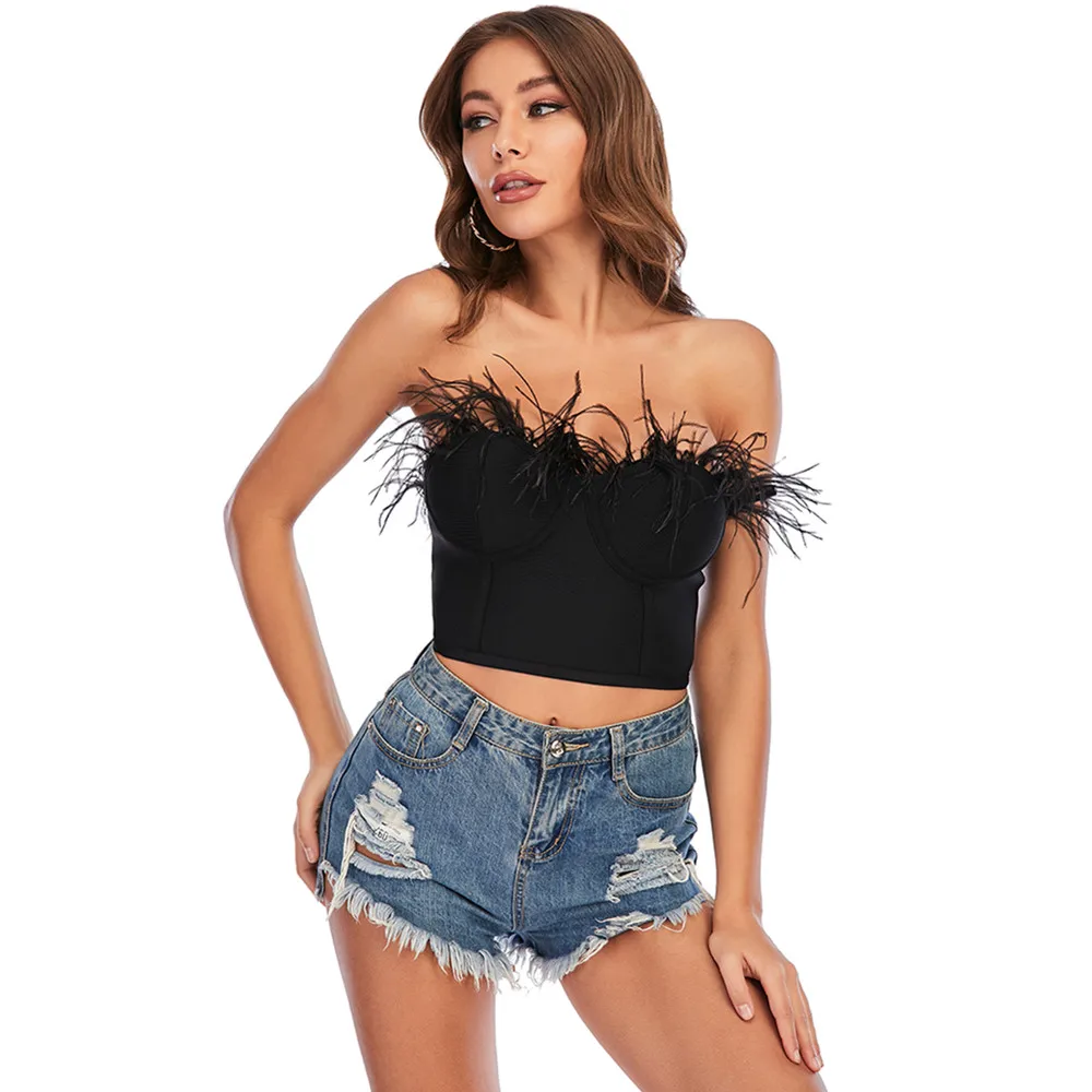 

New Arrival Women Luxury Sexy Strapless Backless Feather Black Camis Tops 2021 Celebrity Designer Fashion High Street Top