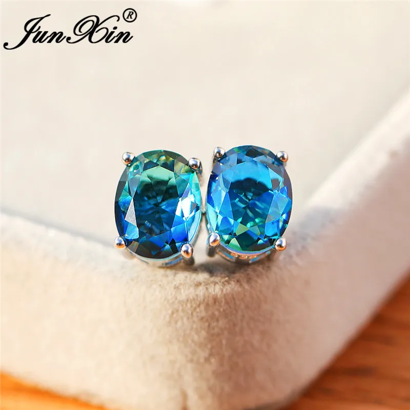 Oval Green Blue Мистик огненный Кристалл Камень круглые серьги гвоздики для женщин 925 Серебряный Цвет Радуга синий красный зеленый циркон двойные серьги для свадьбы - Окраска металла: Oval Green Blue