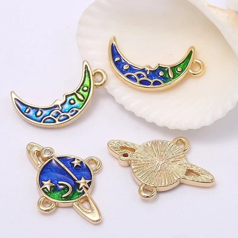 

2pcs/Lot New Pure Copper 14k Gold Plated Enamel Planet Moon Connector Charms Diy Earrings Jewelry Accessories