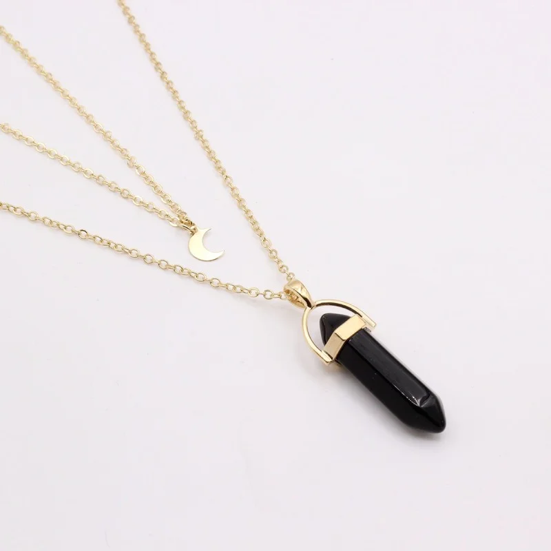 

Fashion Natural Stone Pendant Necklace for Women Elegant Lady Jewelry Charming Double Moon Pillar Chain Necklace Accessories