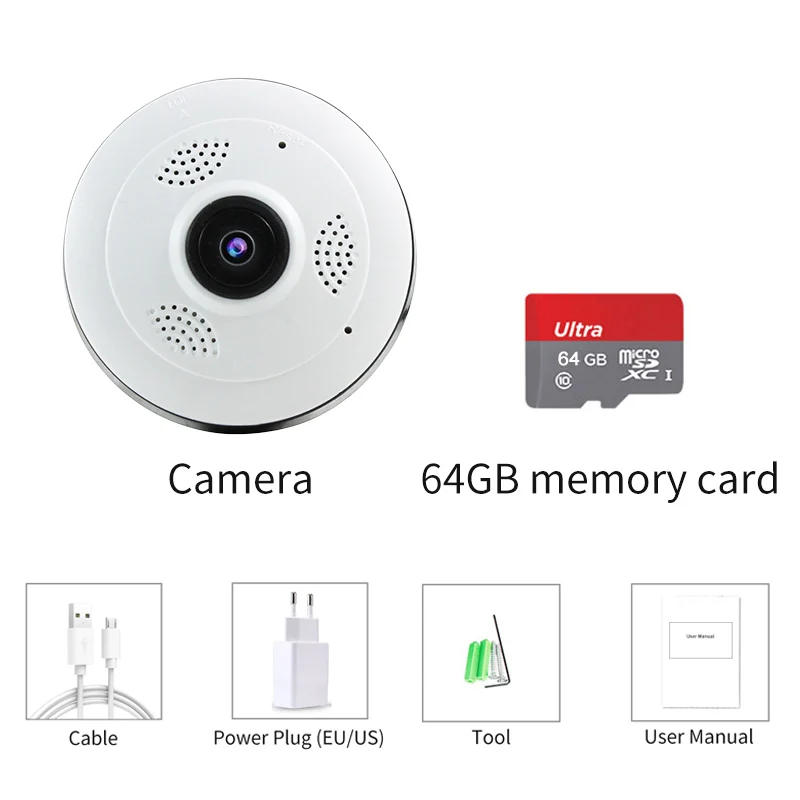 Camera and 64GB Card 360 градусов Wi-Fi ip-камера рыбий глаз HD 960P 1.3MP умный панорамный IPC P2P Беспроводной IP рыбий глаз камера 1.3MP безопасности Wifi камера - Цвет: Camera and 64GB Card