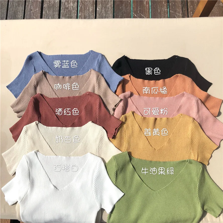 

2021 Spring Summer Knitting Women's Solid Short Sleeve V-neck Bastic Knitting Tops Fashion Slim Women Pullover Clothing