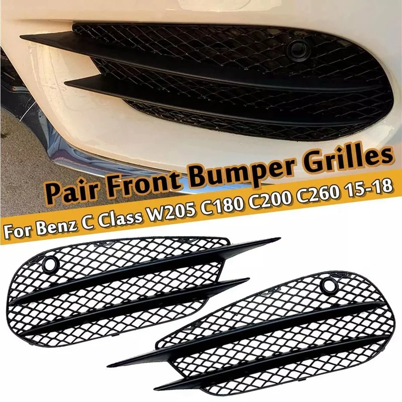

For Mercedes-Benz W205 C-Class C180 C200 C260 2015-2018 Set L+R Front Bumper Fog Lamp Grill Grille Insert Face Bar Cover
