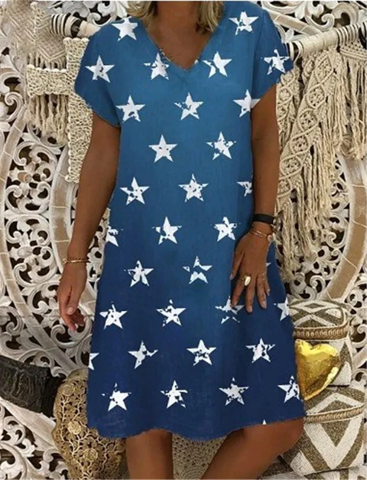 

Women Summer Dress Loose V Neck Short Sleeve Five Stars Printed Dresses Plus Size Women Clothing Dress Sexy Dress Women