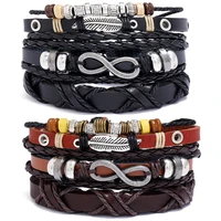 3pcsset vintage braided cowhide bracelet diy three piece 8 character feather couple bracelet european and american jewelry
