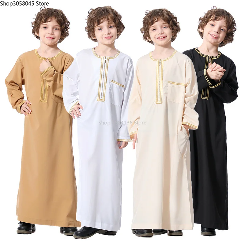 Muslim Saudi Arab Boys Robe  Dishdasha Kids Abaya Kaftan Prayer Islam Clothing Long Sleeve Thobe Middle East Teenage Dress Dubai