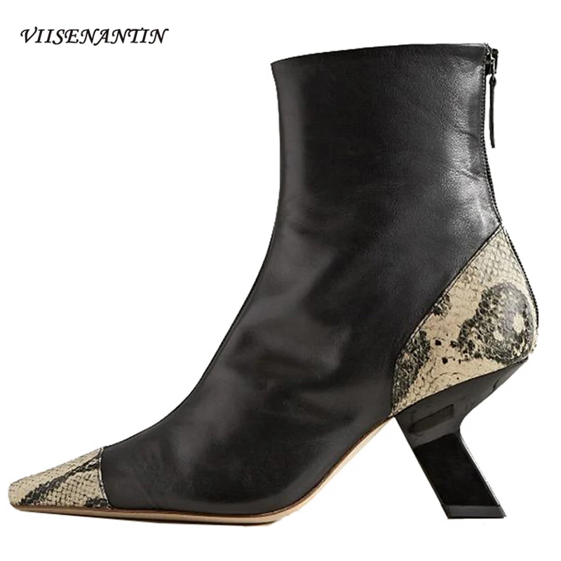 

Strange High Heel Genuine Leather Women's Stylish Pointed Toe Slim Fit Ankle Sock Boots Black Snake Pattern Sewing Shoes Women