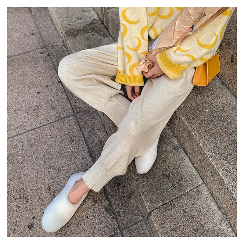 

HWLZLTZHT Korean Pants Woman High Waist Harem Pants Big Pocket Knitted Pants Elastic Waist Plus Size Pants Loose Women Pants