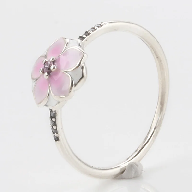 Оригинальное кольцо с розовым эмалем и цветком магнолии с кристаллом для женщин, серебро 925, свадебный подарок, изысканное ювелирное изделие Европы.