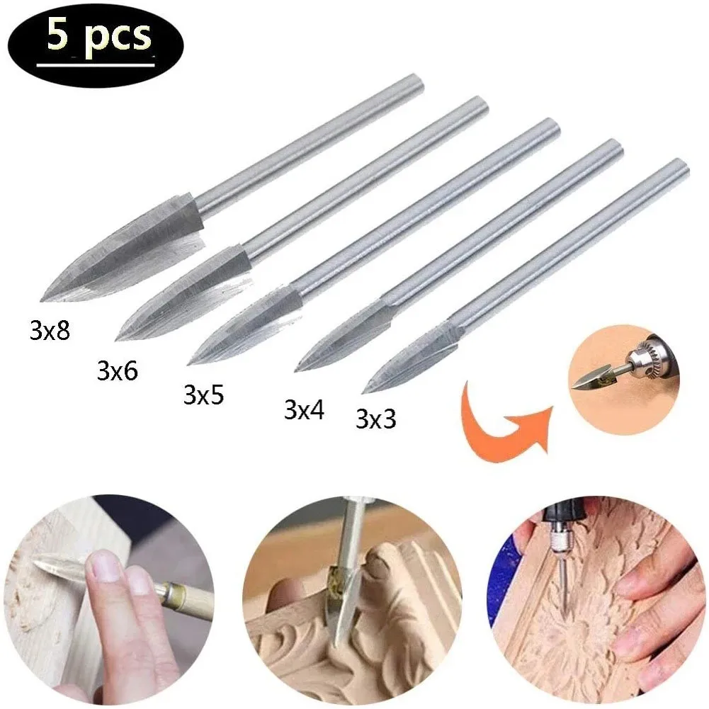 

5 Pieces 3mm Wood Carving Tools Handle High Speed Steel Wood Carving Drill Bit White Steel Three Edge Milling Tool 3*3/4/5/6/8