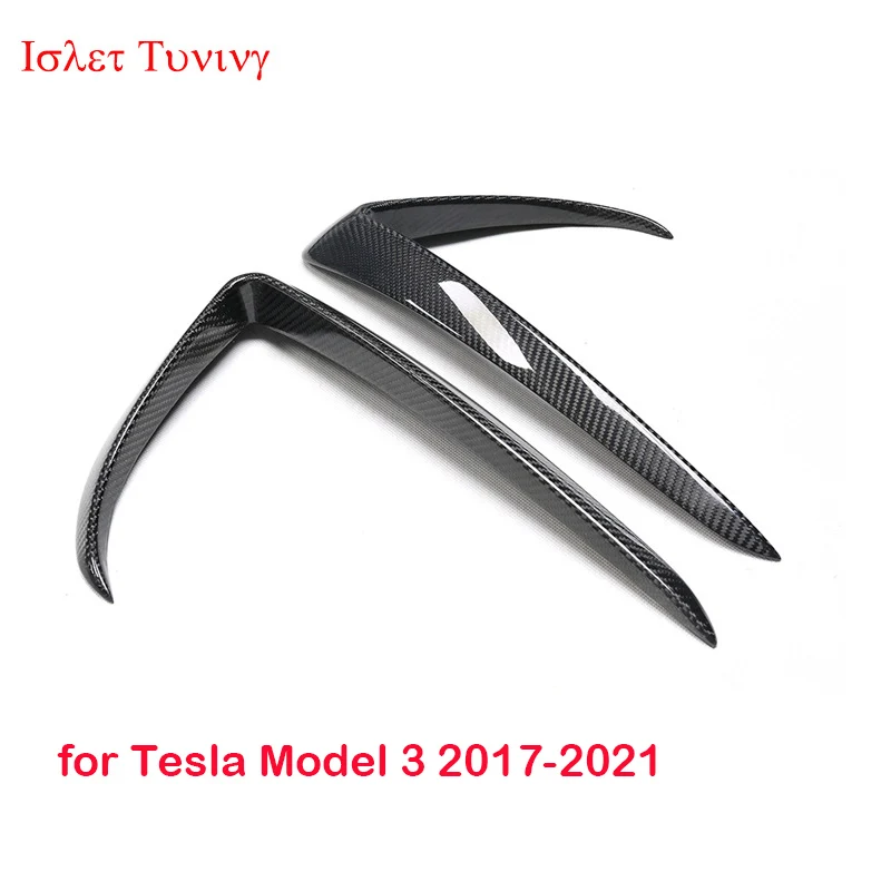 Фото 1 пара, передние противотуманные фары из углеродного волокна для Tesla Model 3 седан, 4-дверный передний бампер, сплиттер, ворота, передний плавник 2017-2021 №5