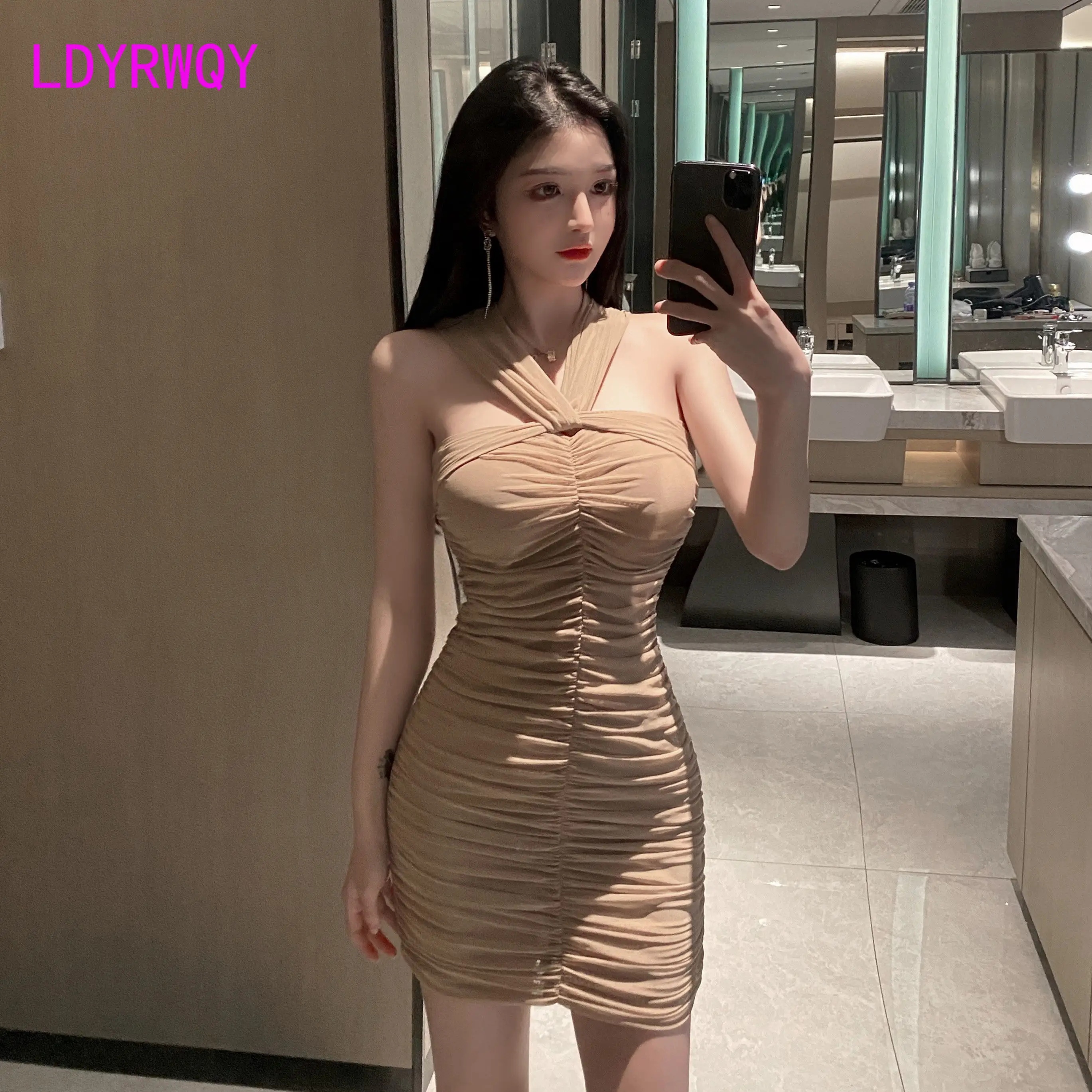 

LDYRWQY New temperament one-shoulder halter neck two-wear pleated slim-fit hip dress Office Lady Polyester