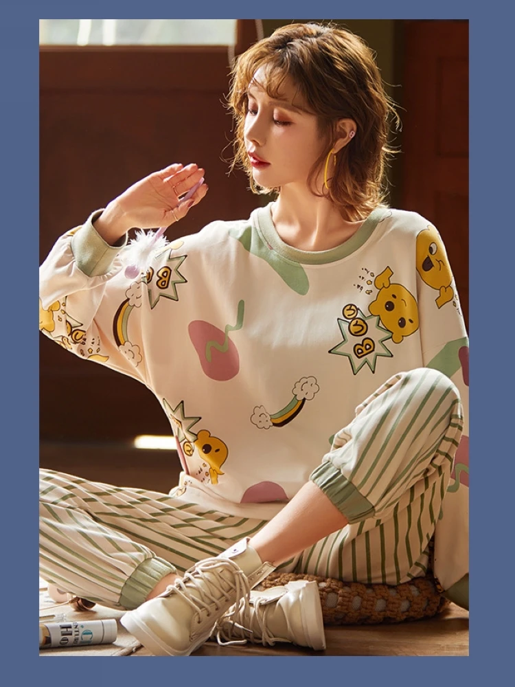 

Spring and autumn pajamas ladies blue long-sleeved knitted cotton home service female student two-piece sweet and cute casual su