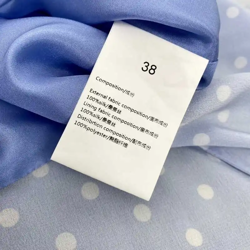 

High Quality Silk Women Fashion Long Sleeve White Dots Blue Midi Dresses