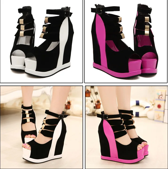 

New muffin heel waterproof platform sandals color matching hollow slope heel women's shoes