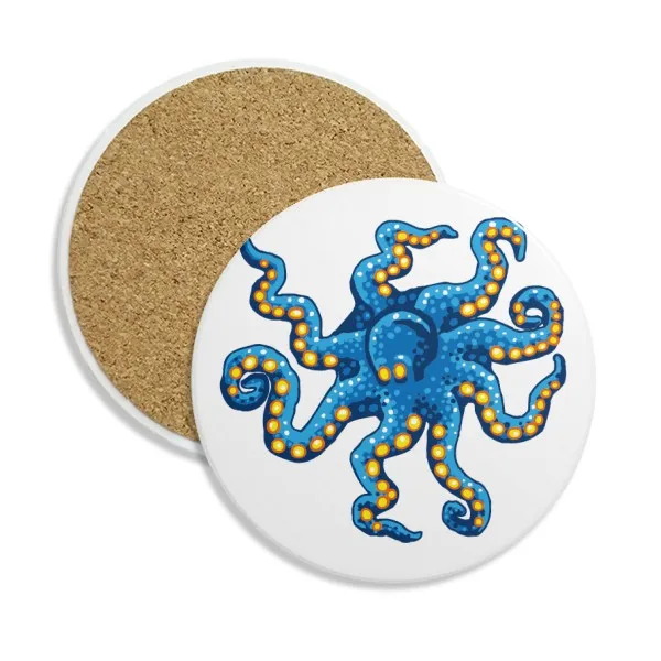 

Blue Octopus Marine Life Cartoon Pattern Ceramic Coaster Cup Mug Holder Absorbent Stone for Drinks 2pcs Gift