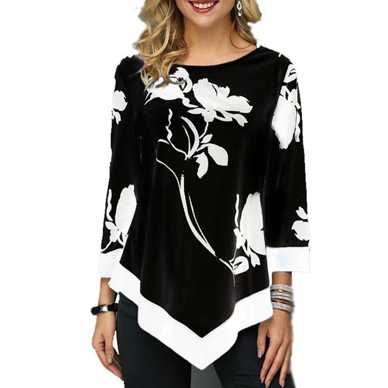 Женская блузка рубашка весна осень с принтом круглым вырезом длинным рукавом