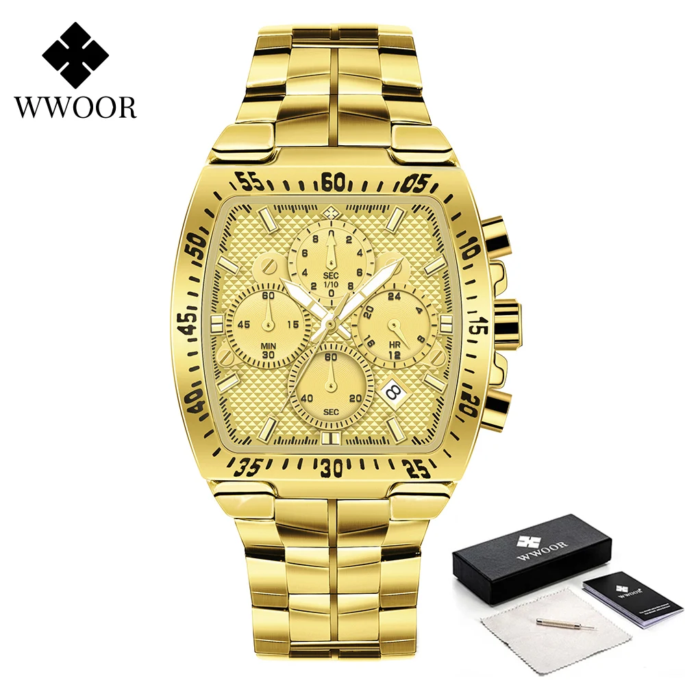 

2021 WWOOR New Men Square Watches Fashion Casual Full Gold Stainless Steel Sports Chronograph Wristwatch Mens Relogio Masculino