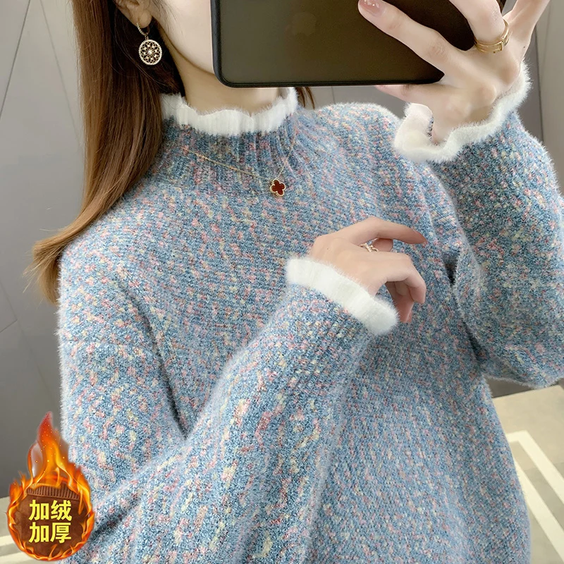 

Sweater women's short Pullover Sweater with plush and thick loose lace half turtleneck Computer Knitted Cotton