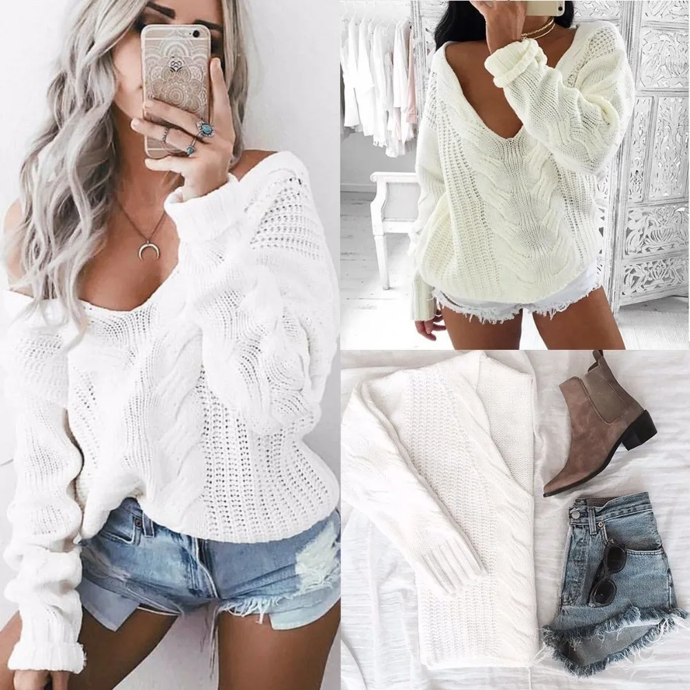 Winter Knitted Sweater Women 2018 Autumn White Pullover Sexy Deep v Neck Long Sleeve Jumpers Pull Femme sweter mujer | Женская одежда