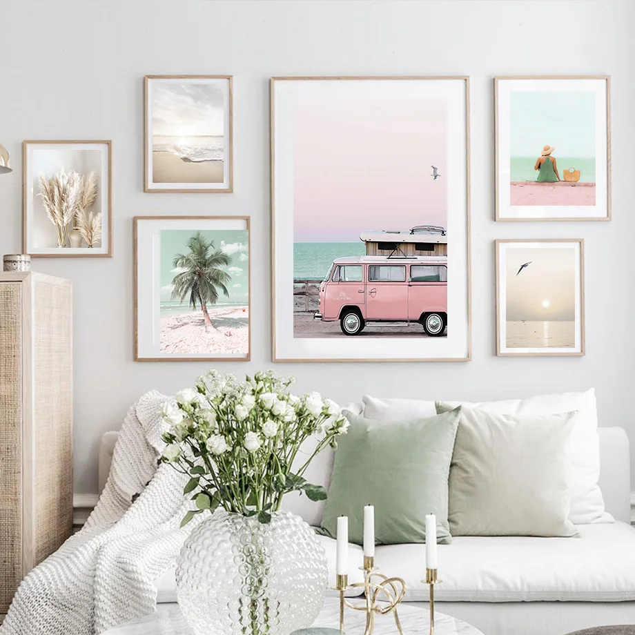 Beige Grass Sunset Beach Palm Tree Car Wall Art Canvas Painting Nordic Posters And Prints Pictures For Living Room Decor | Дом и сад