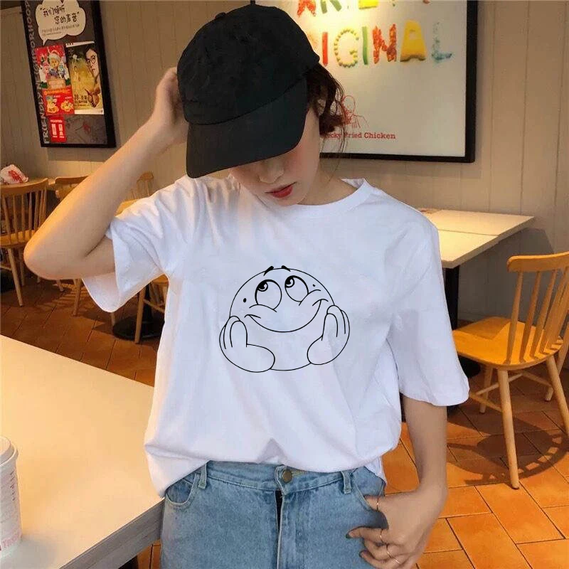 

2021 Women Clothing Kawaii Emotion Graphic Regular T shirt Femme Short Sleeve Summer Fashion Retro O-Neck White Top Plus Size