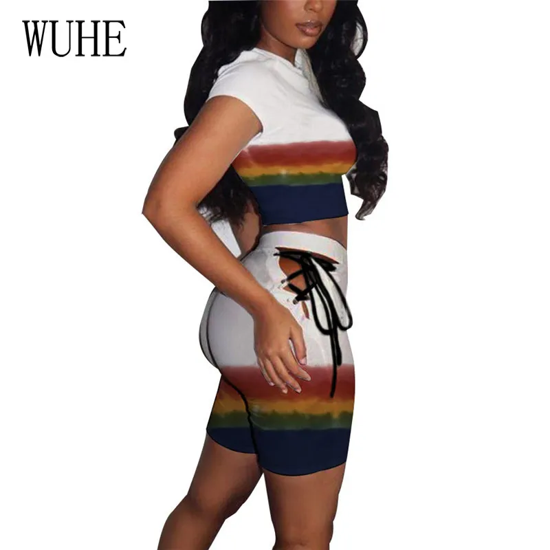 

WUHE Bandage Print 2 Piece Sets Short Sleeve O Neck Crop Top and Side Lace Up Sexy Hollow Out Skinny Pants Casual Club Outfits