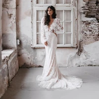 sexy deep v neck backless long bridal wedding dresses see thru white lace appliques gowns latern sleeves mermaid dress women