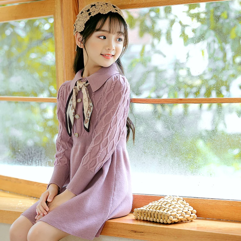 

2020 Korean girl dress lapel loose and versatile children's bottoming sweater autumn and winter long-sleeved knitted skirt