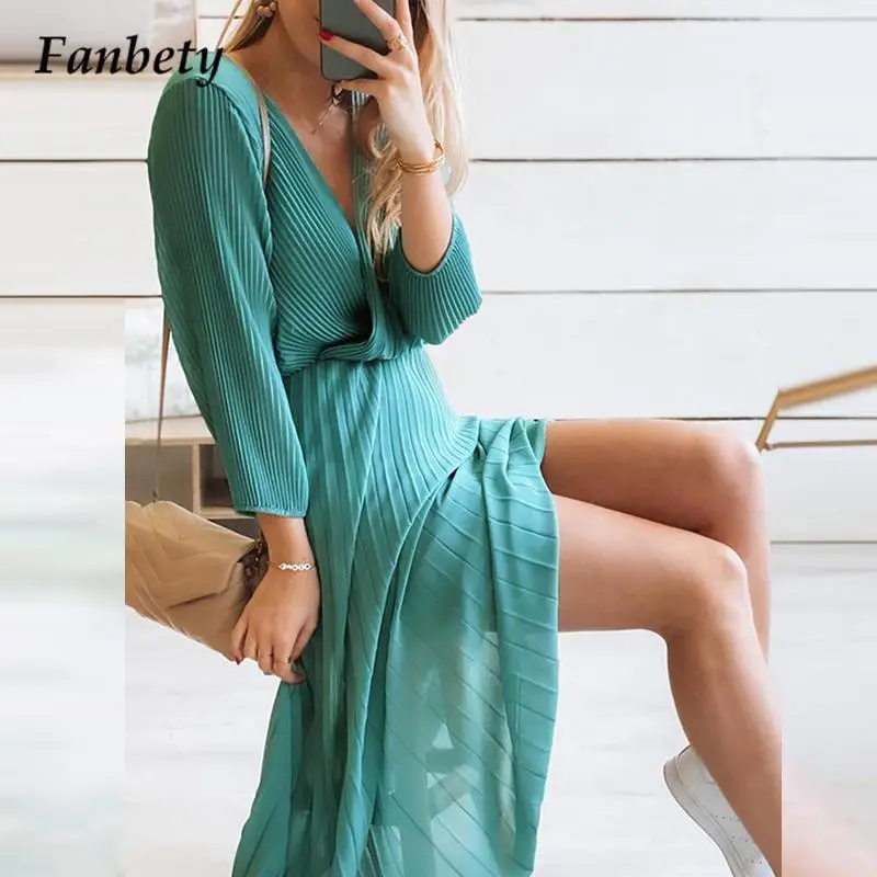 

Элегантное Плиссированное осеннее платье в рубчик с V-образным вырезом, модель 2022 года, женское простое модное повседневное однотонное плат...