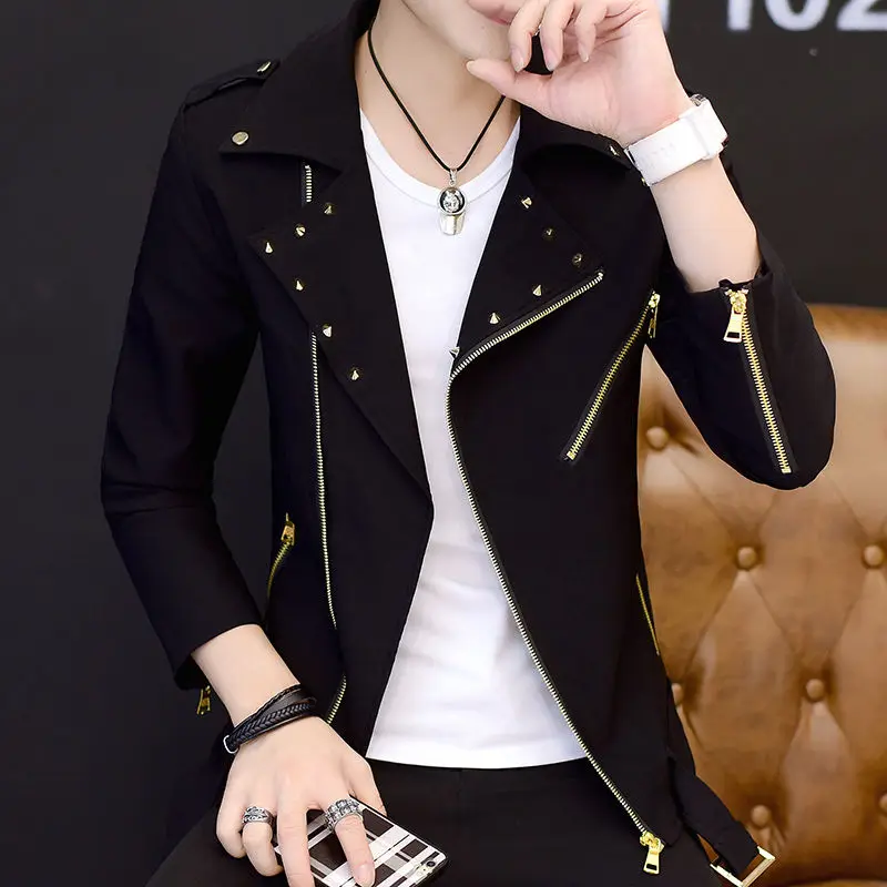 

Idopy Fashion Korean Style Mens Motorcycle Jacket Irregular Zipper Slim Fit Zip Up Lapel Collar Rivet Studded Coat For Male